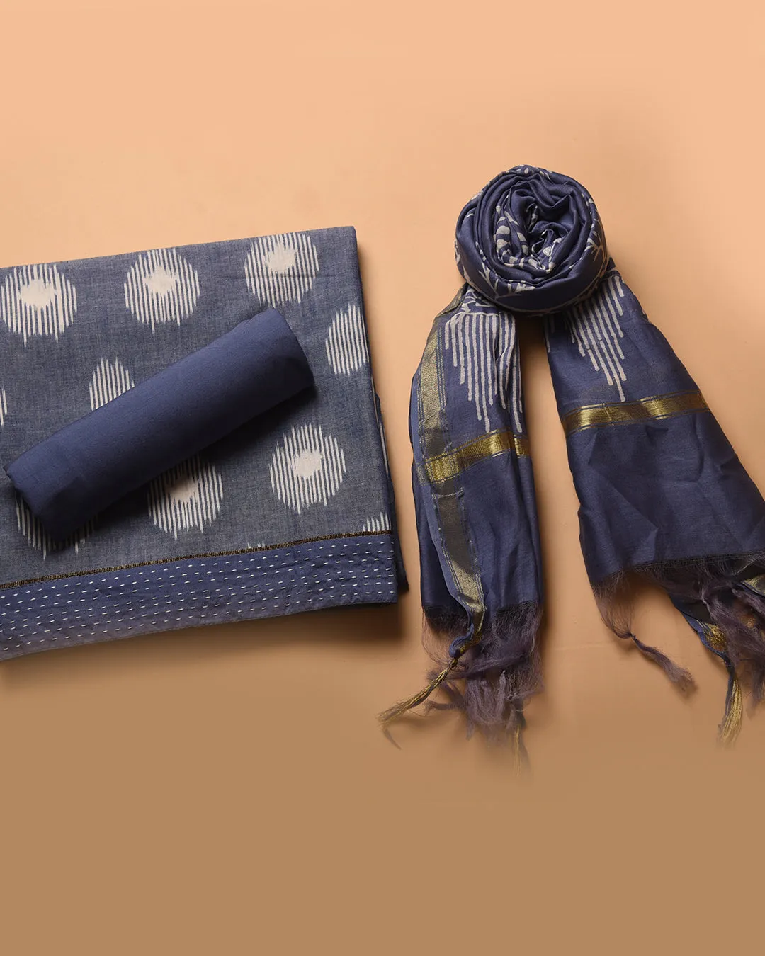 Grayish Blue Pure Cotton Ikat Unstitched Suit Fabric Set With Chanderi Printed Dupatta