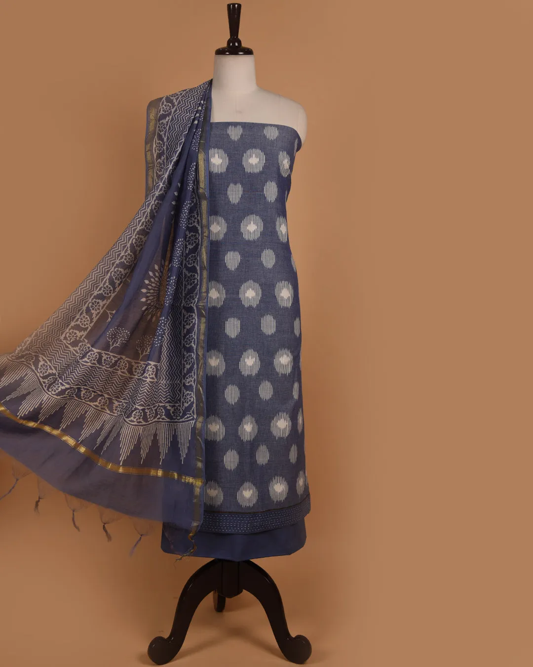 Grayish Blue Pure Cotton Ikat Unstitched Suit Fabric Set With Chanderi Printed Dupatta