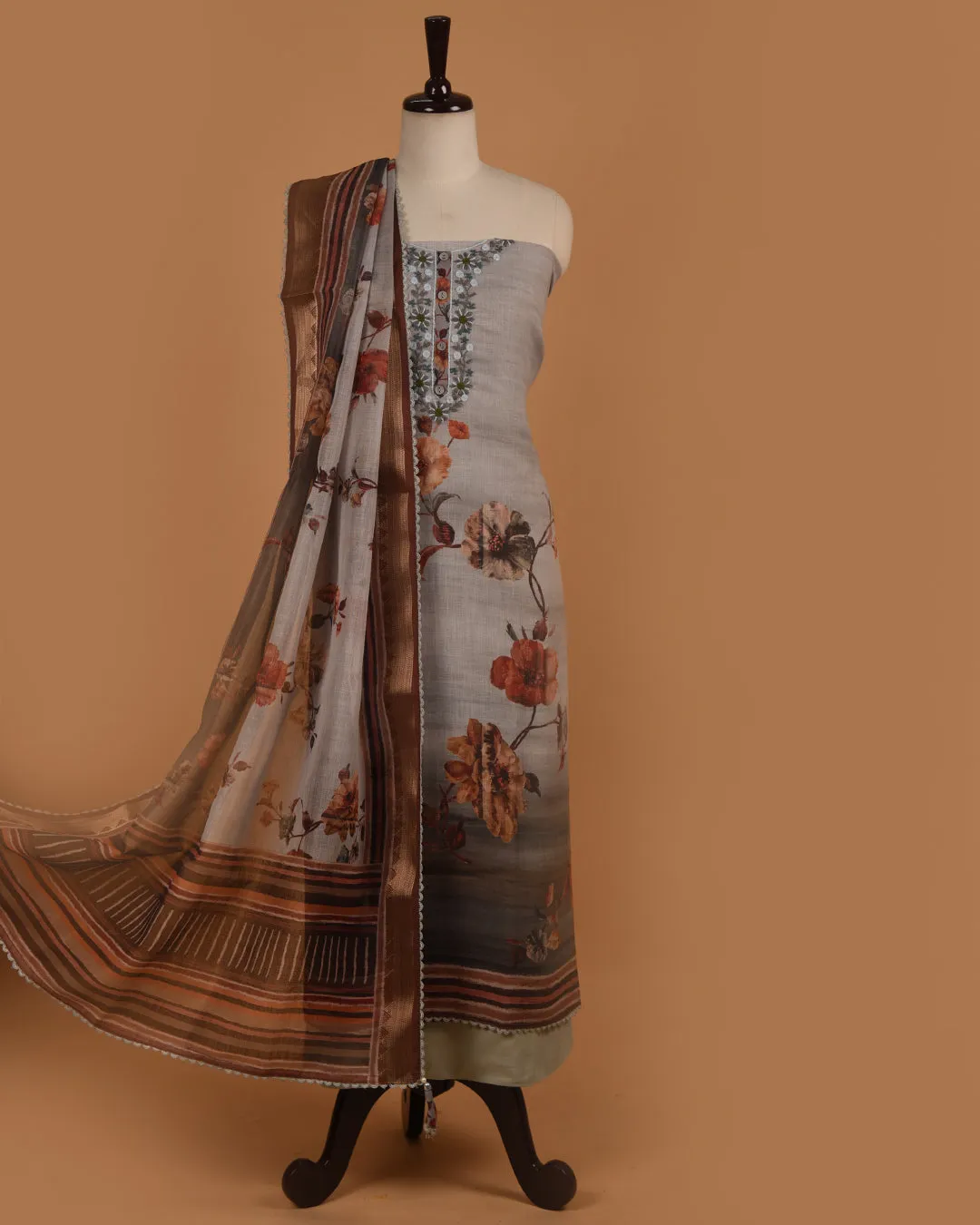 Grayish Green Linen Printed With Embroidery Unstitched Suit Fabric Set With Linen Dupatta