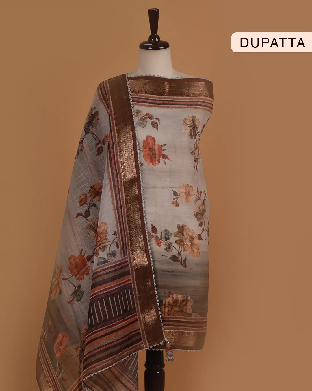Grayish Green Linen Printed With Embroidery Unstitched Suit Fabric Set With Linen Dupatta