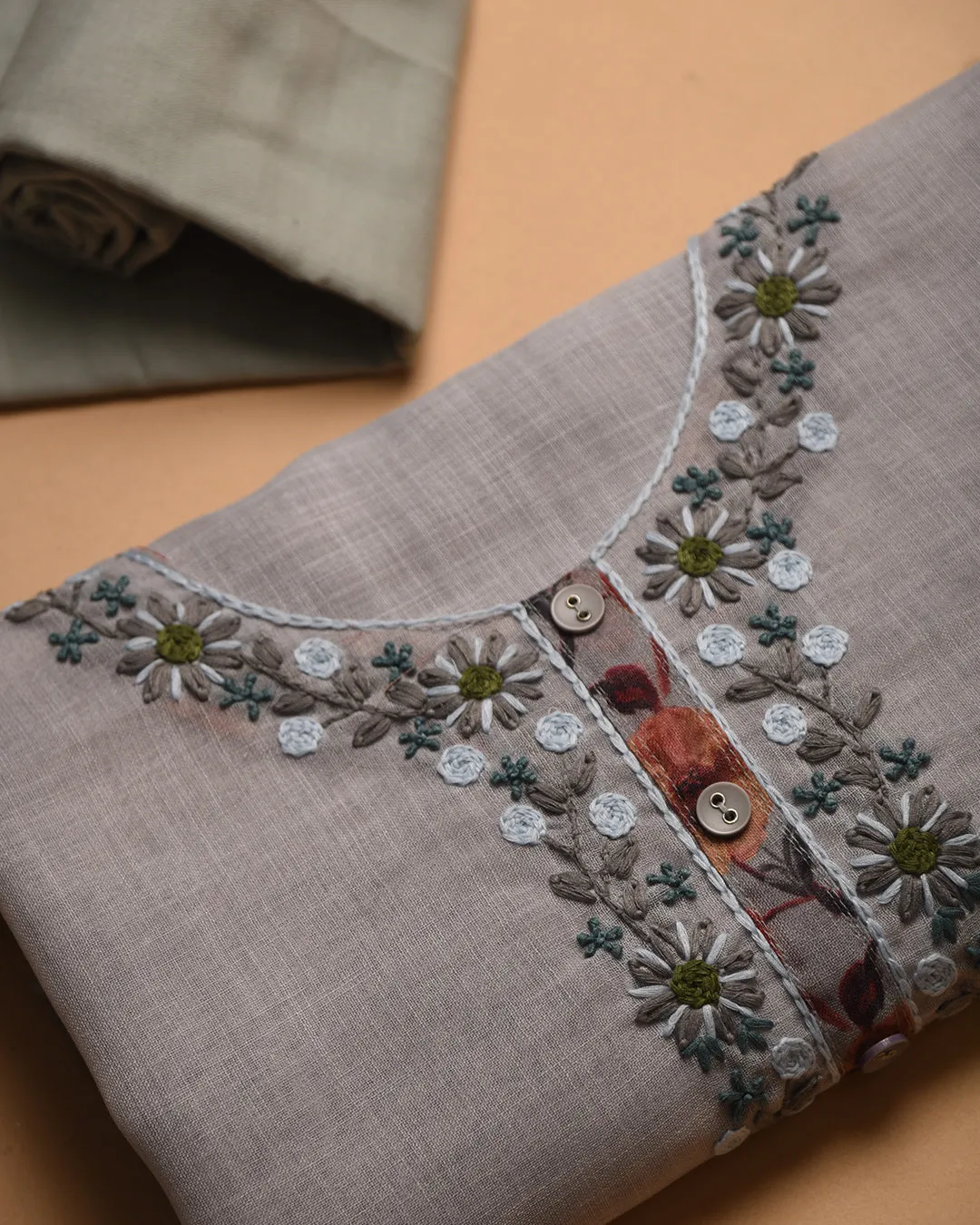 Grayish Green Linen Printed With Embroidery Unstitched Suit Fabric Set With Linen Dupatta