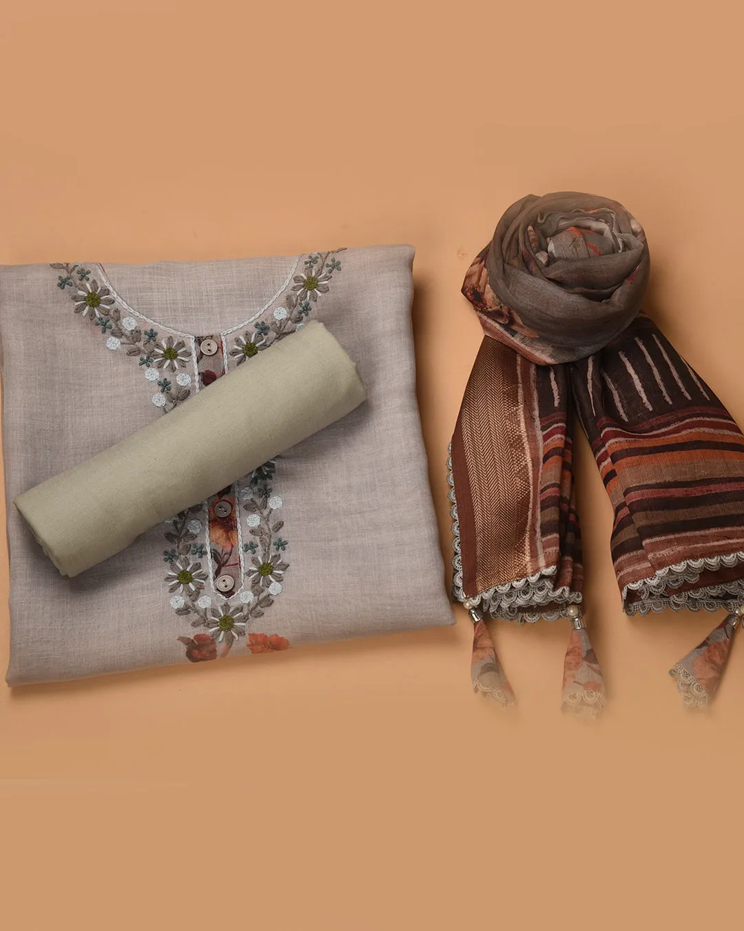 Grayish Green Linen Printed With Embroidery Unstitched Suit Fabric Set With Linen Dupatta