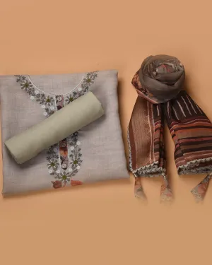 Grayish Green Linen Printed With Embroidery Unstitched Suit Fabric Set With Linen Dupatta