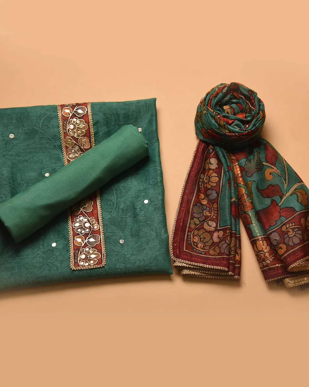 Green Chanderi Printed With Embroidery Unstitched Suit Fabric Set With Chanderi Dupatta