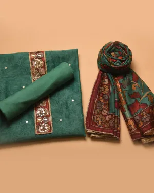 Green Chanderi Printed With Embroidery Unstitched Suit Fabric Set With Chanderi Dupatta