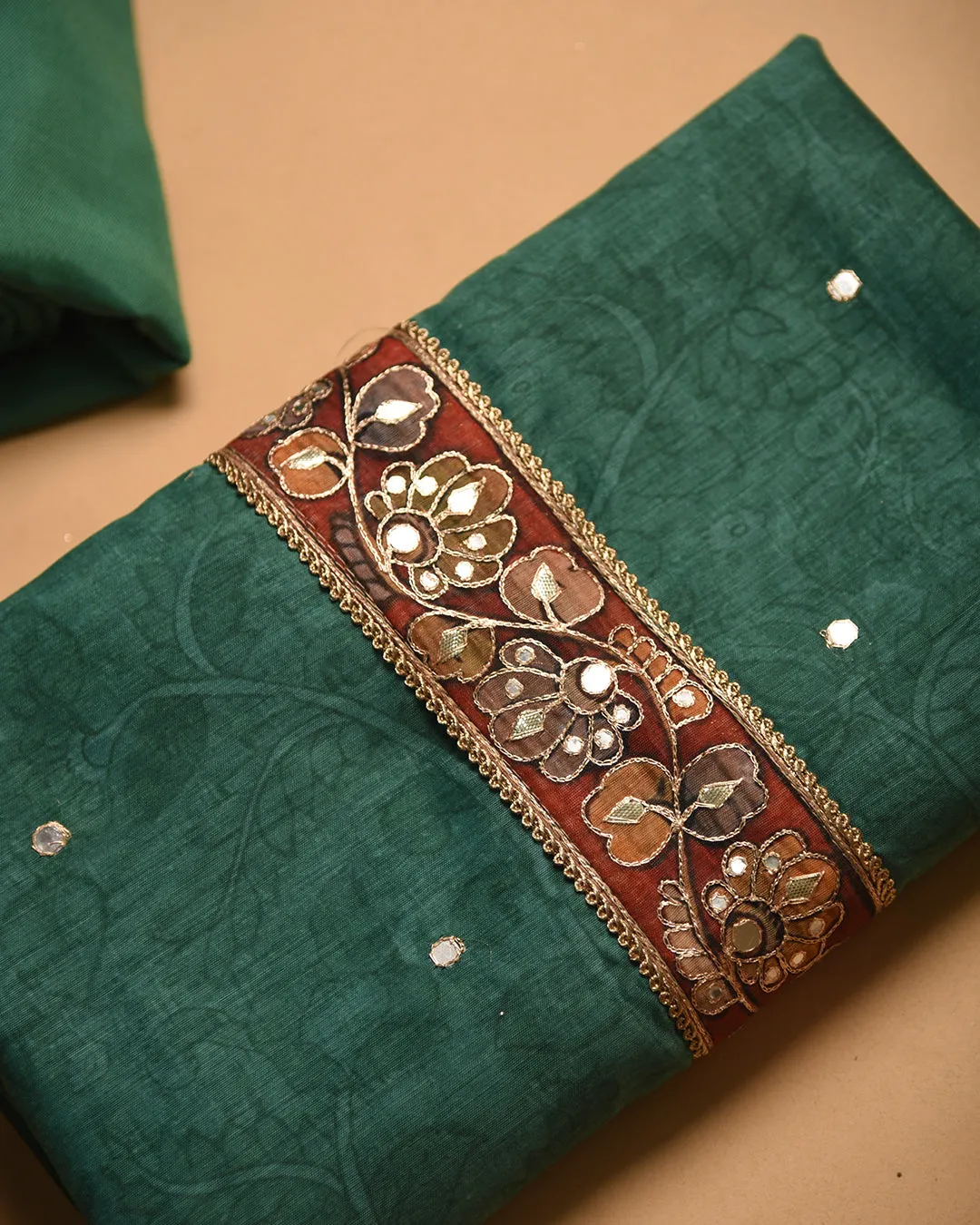 Green Chanderi Printed With Embroidery Unstitched Suit Fabric Set With Chanderi Dupatta