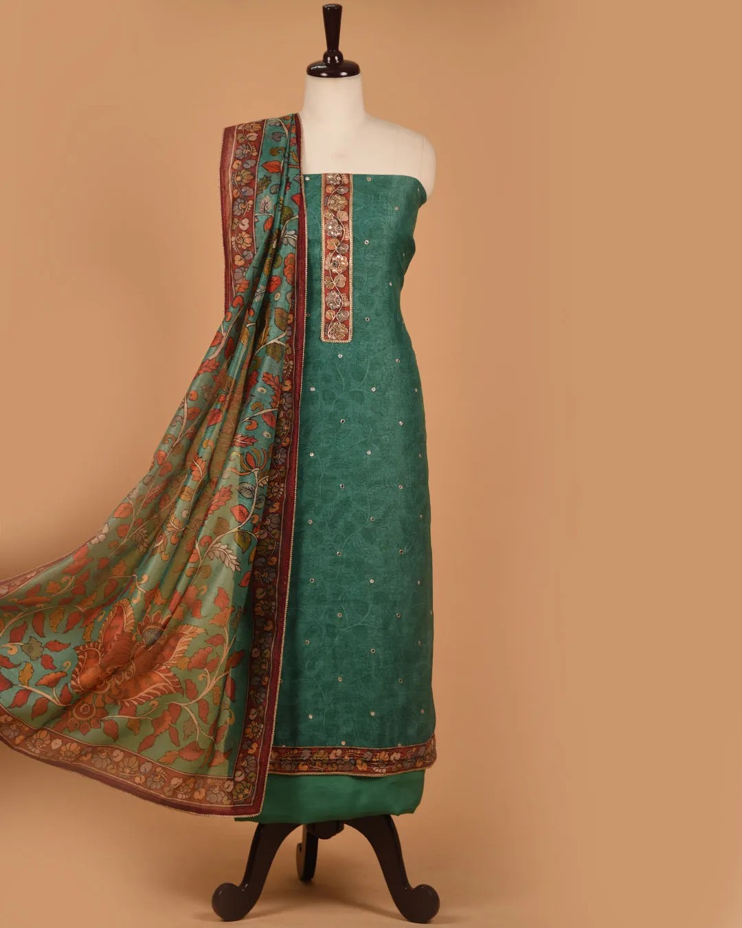 Green Chanderi Printed With Embroidery Unstitched Suit Fabric Set With Chanderi Dupatta