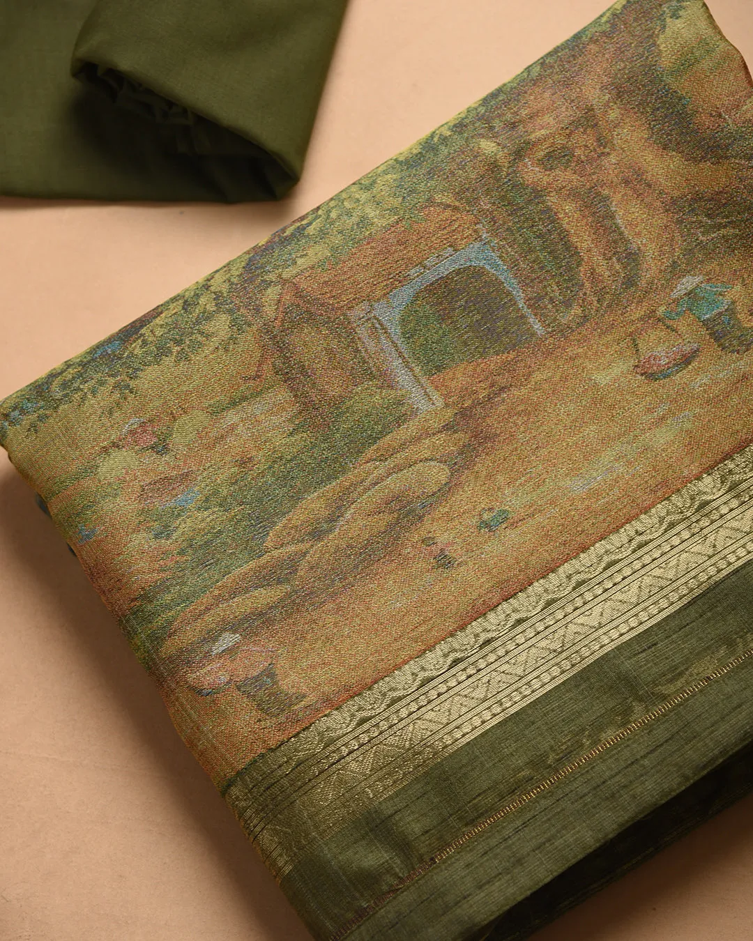 Green Chanderi Silk Blend Woven With Prints Unstitched Suit Fabric Set With Chanderi Silk Blend Printed Dupatta