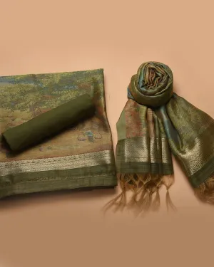 Green Chanderi Silk Blend Woven With Prints Unstitched Suit Fabric Set With Chanderi Silk Blend Printed Dupatta