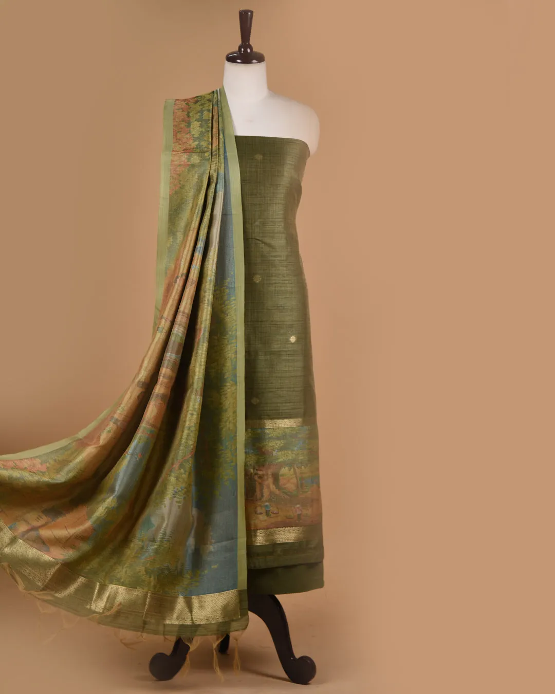 Green Chanderi Silk Blend Woven With Prints Unstitched Suit Fabric Set With Chanderi Silk Blend Printed Dupatta