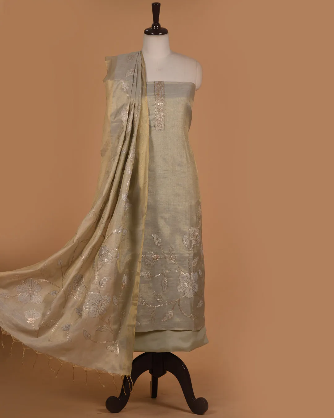 Green Chanderi Tissue Blend Embroidered Unstitched Suit Fabric Set With Chanderi Tissue Embroidered Dupatta
