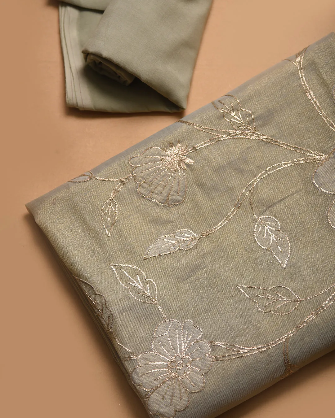 Green Chanderi Tissue Blend Embroidered Unstitched Suit Fabric Set With Chanderi Tissue Embroidered Dupatta