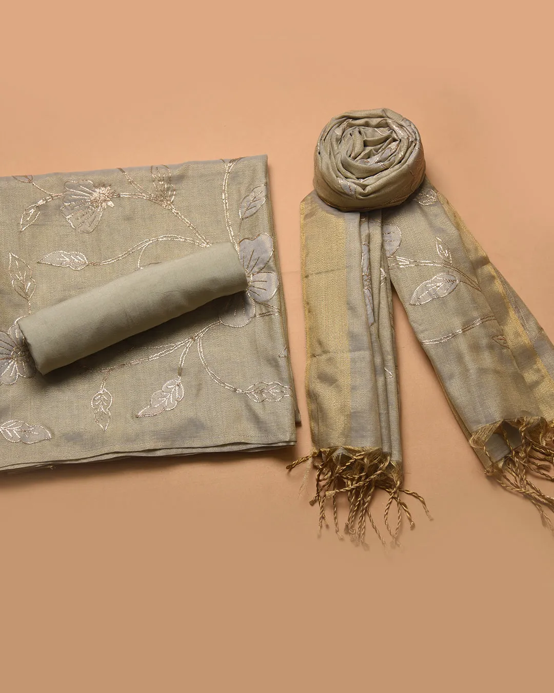 Green Chanderi Tissue Blend Embroidered Unstitched Suit Fabric Set With Chanderi Tissue Embroidered Dupatta