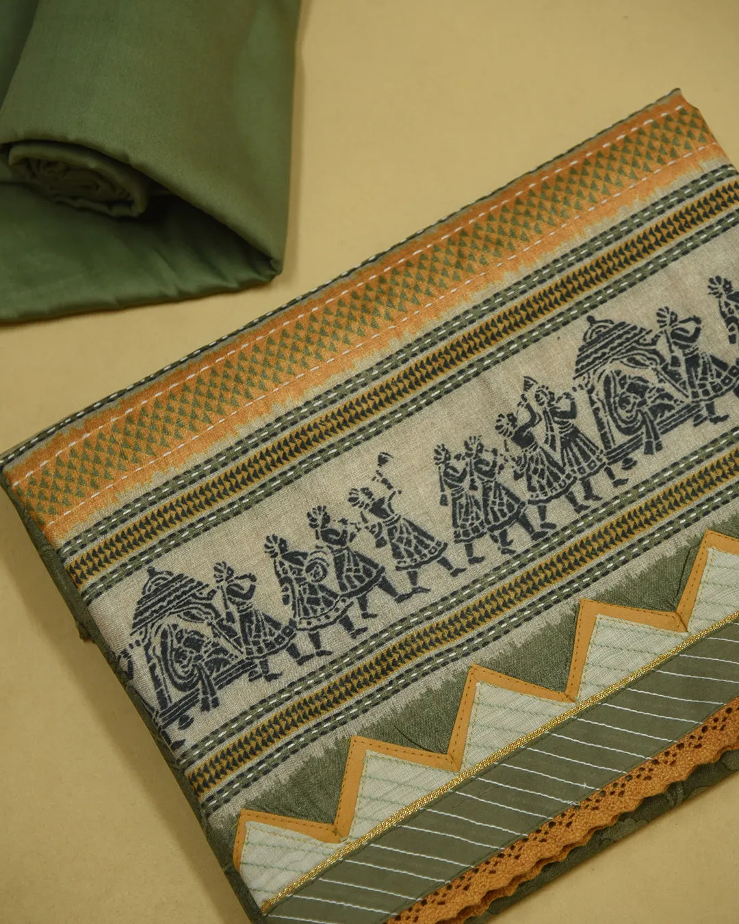 Green Cotton Silk Blend Printed Unstitched Suit Fabric Set With Cotton Silk Dupatta