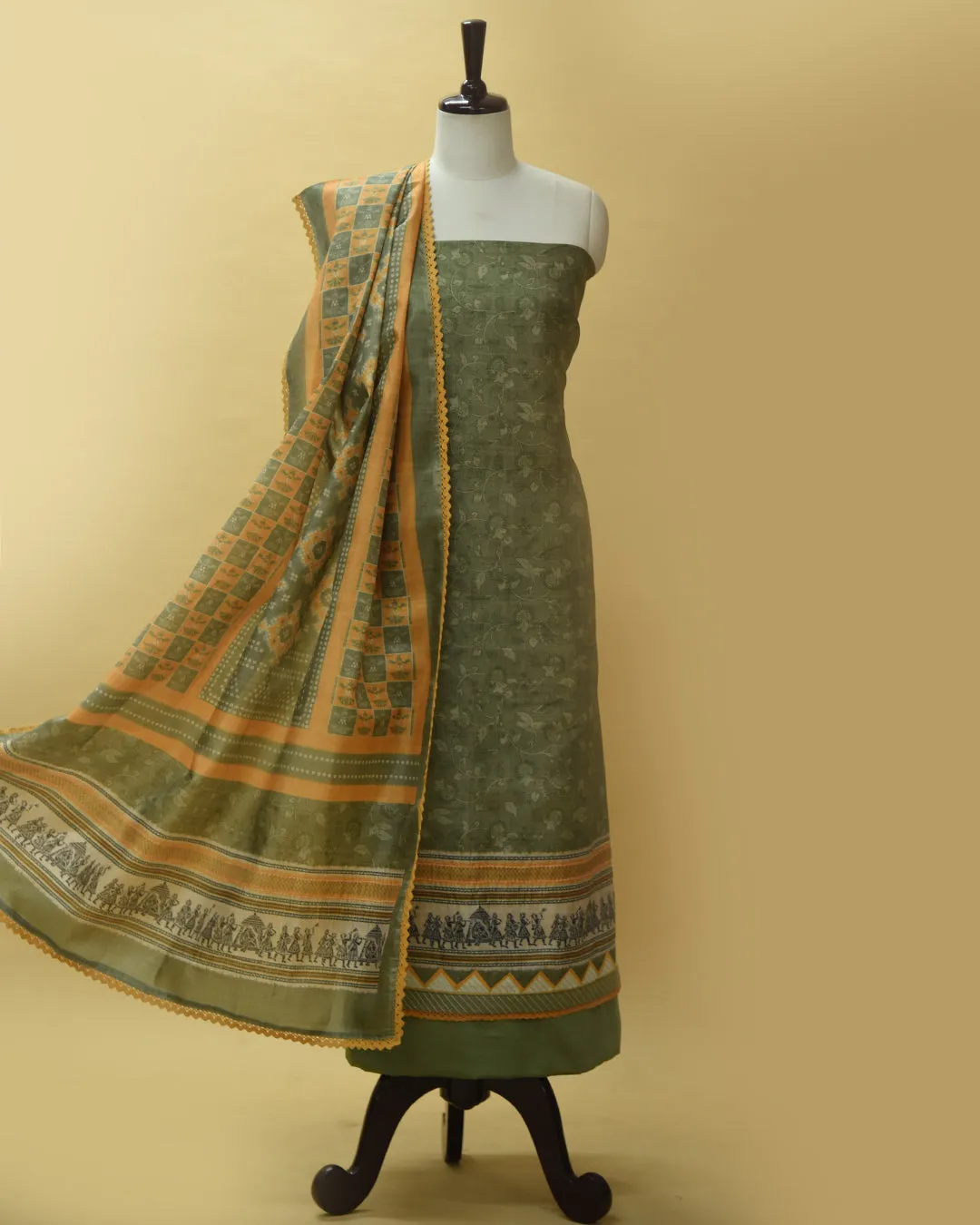 Green Cotton Silk Blend Printed Unstitched Suit Fabric Set With Cotton Silk Dupatta