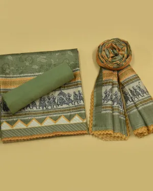 Green Cotton Silk Blend Printed Unstitched Suit Fabric Set With Cotton Silk Dupatta