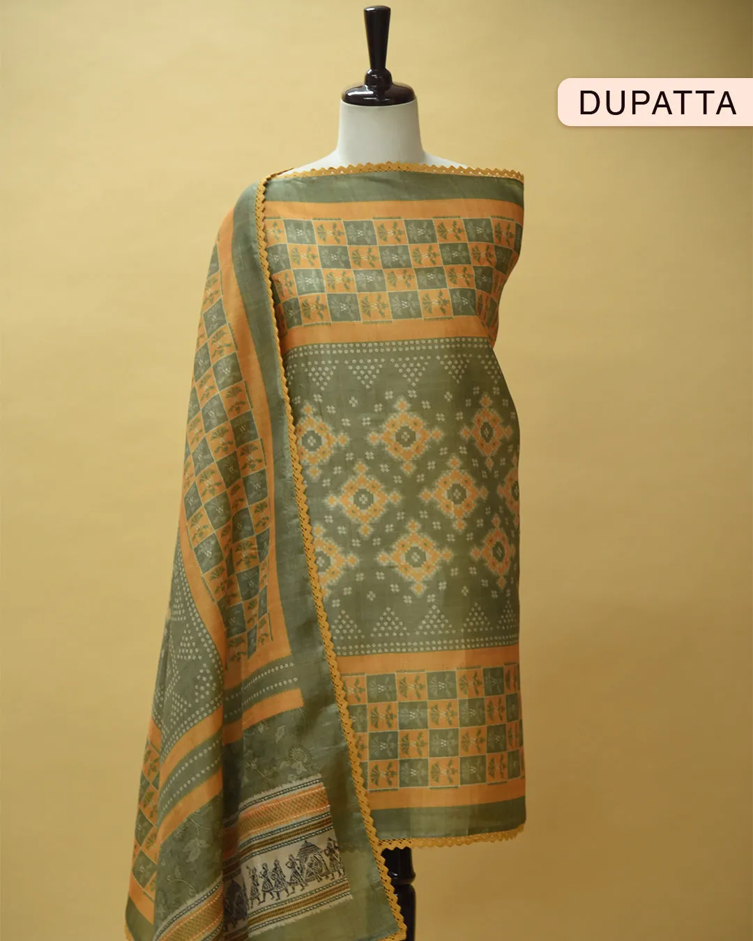Green Cotton Silk Blend Printed Unstitched Suit Fabric Set With Cotton Silk Dupatta