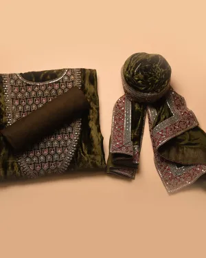 Green Fine Velvet Embroidered Unstitched Suit Fabric Set With Velvet Dupatta