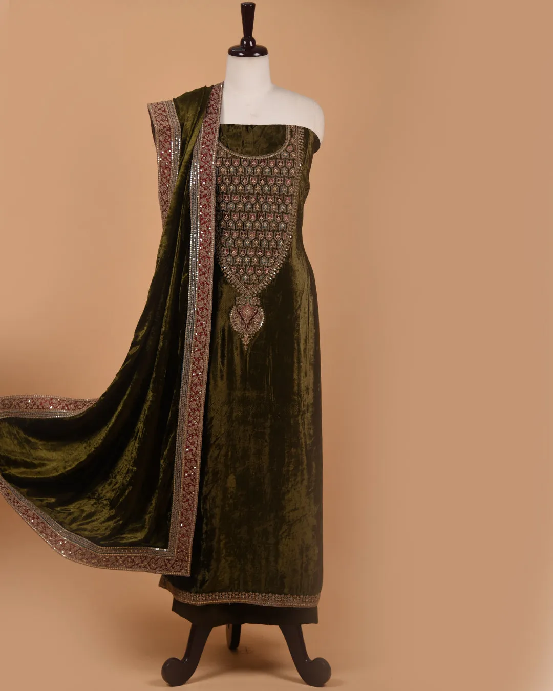 Green Fine Velvet Embroidered Unstitched Suit Fabric Set With Velvet Dupatta