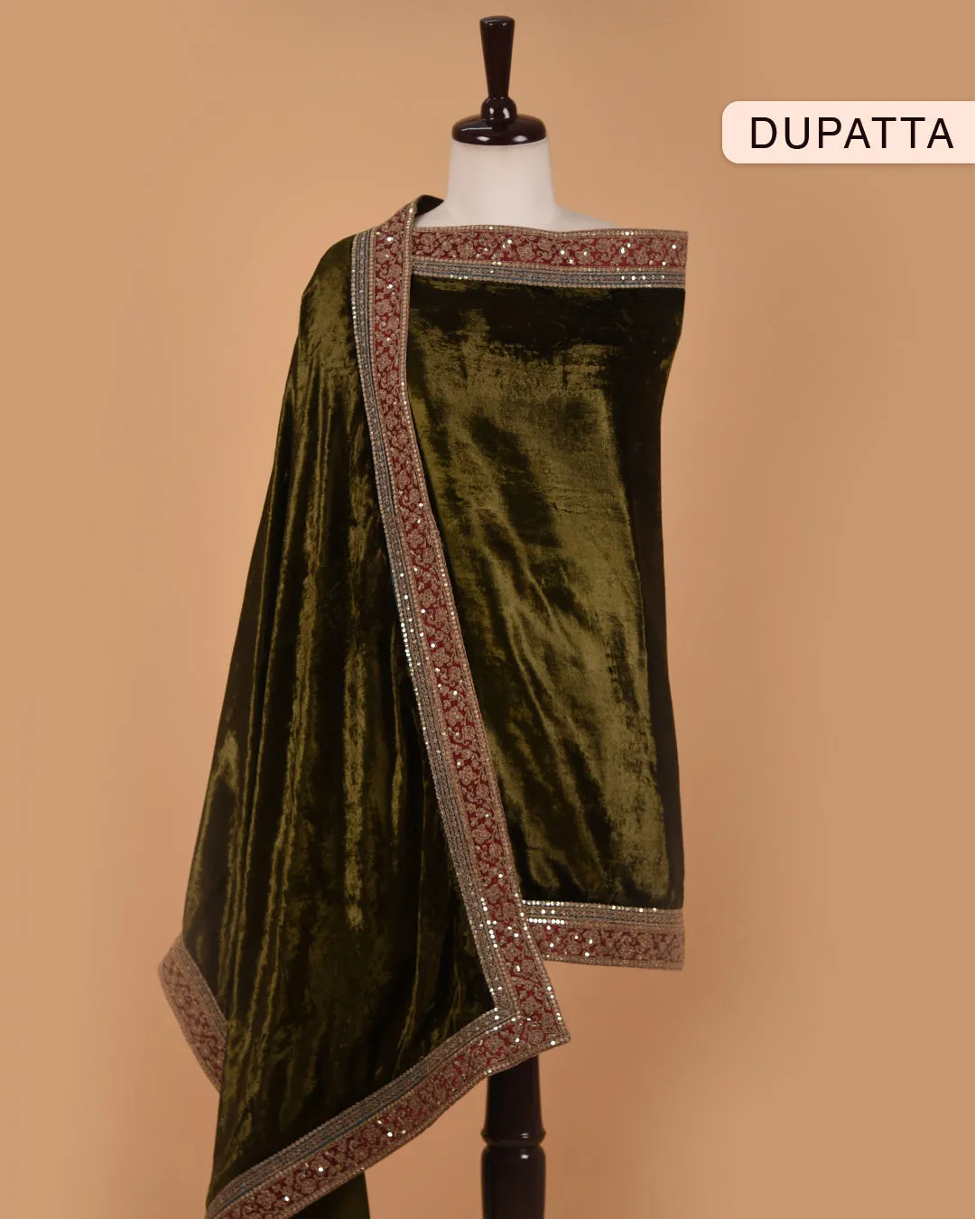 Green Fine Velvet Embroidered Unstitched Suit Fabric Set With Velvet Dupatta