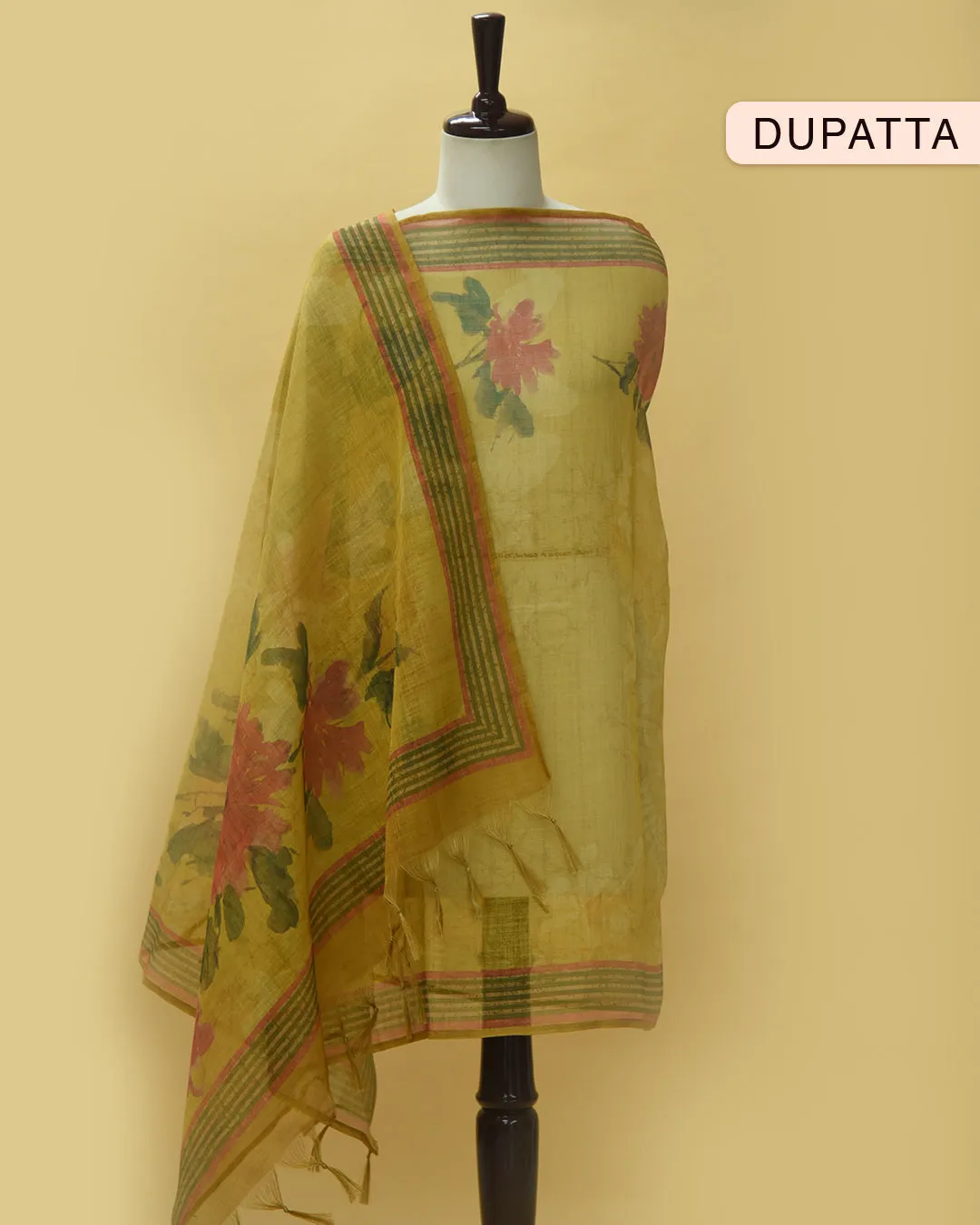 Green Linen Blend Printed With Embroidery Unstitched Suit Fabric Set With Linen Printed Dupatta