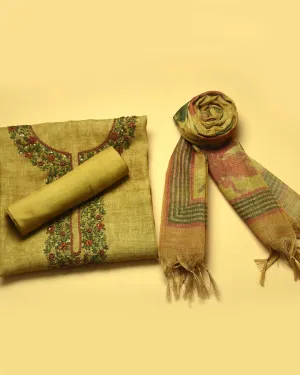 Green Linen Blend Printed With Embroidery Unstitched Suit Fabric Set With Linen Printed Dupatta