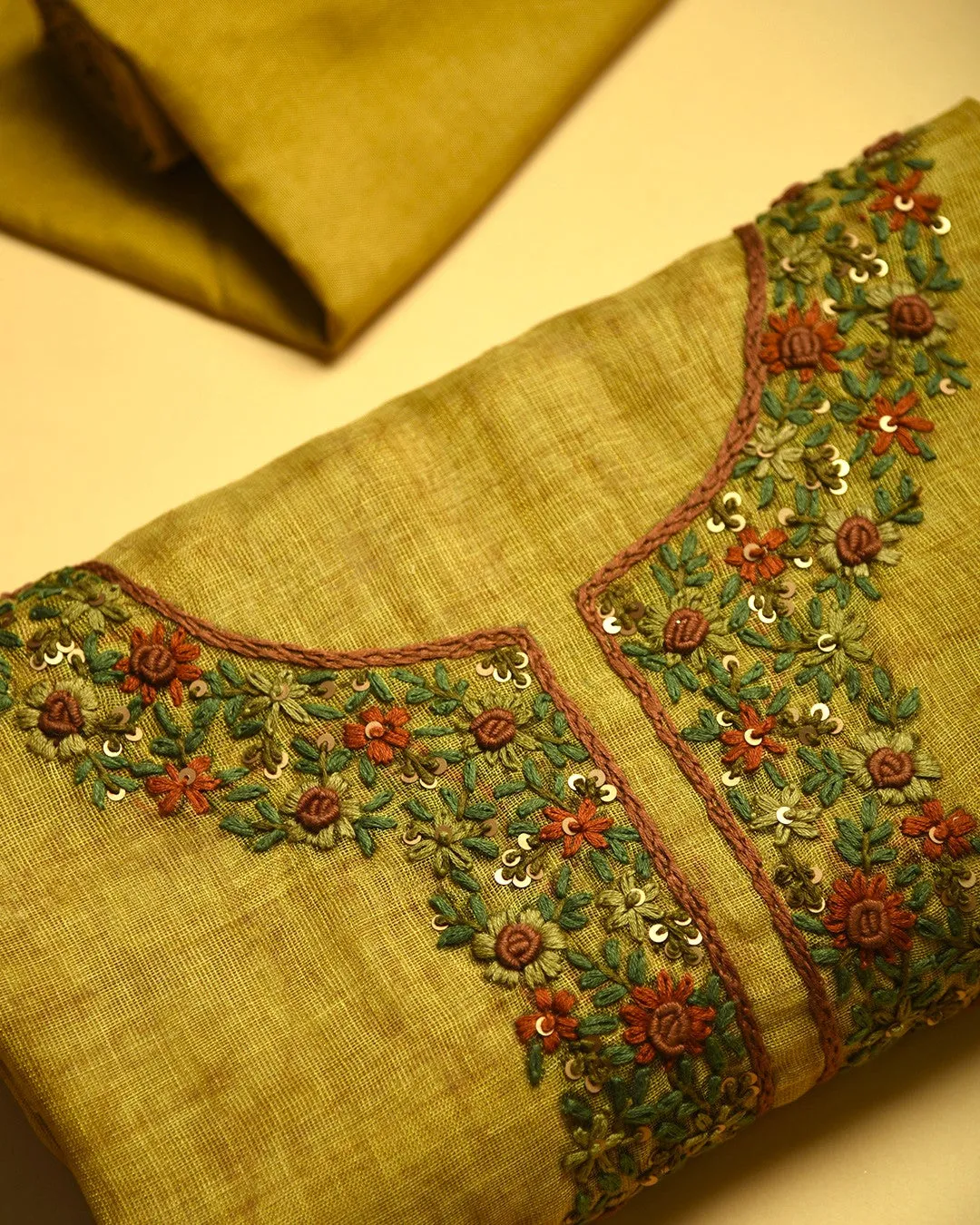 Green Linen Blend Printed With Embroidery Unstitched Suit Fabric Set With Linen Printed Dupatta