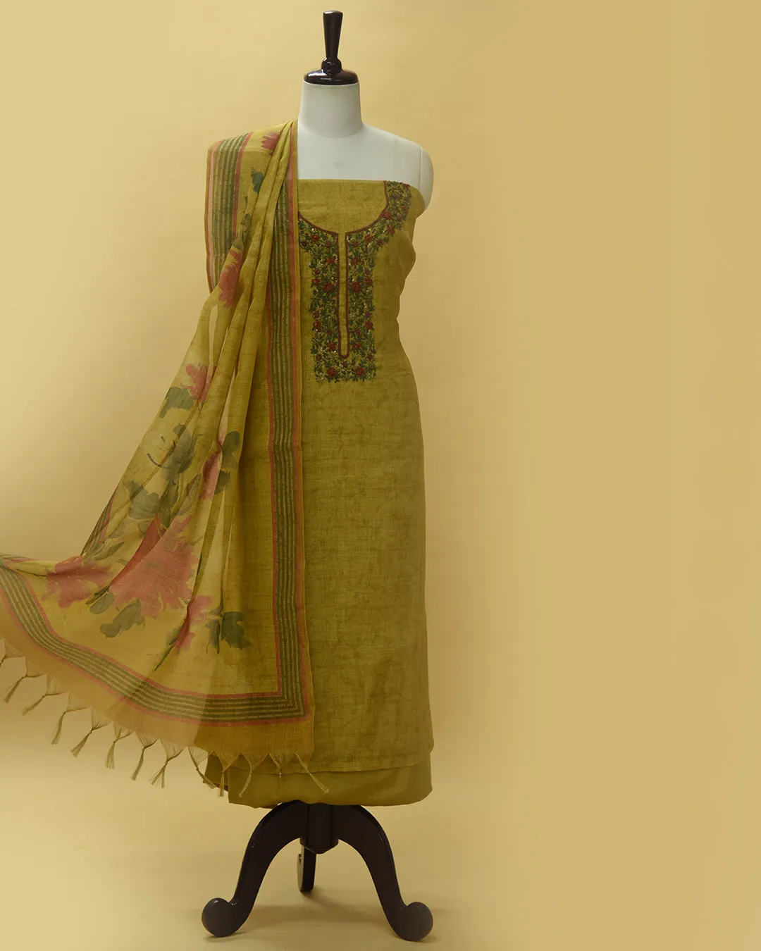 Green Linen Blend Printed With Embroidery Unstitched Suit Fabric Set With Linen Printed Dupatta