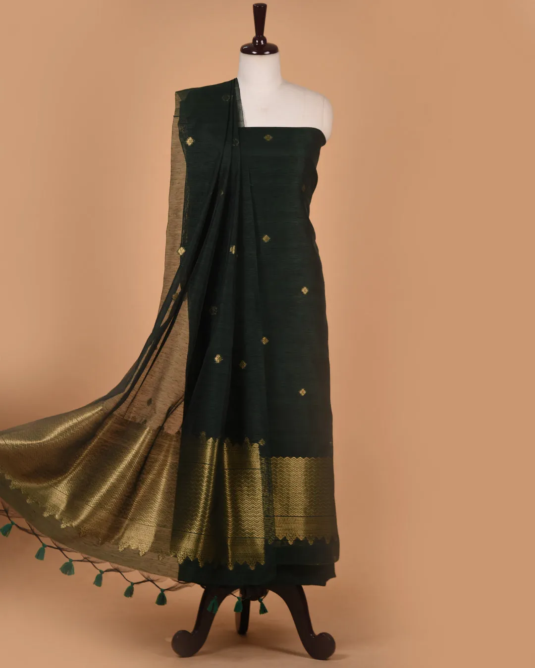 Green Linen Silk Blend Woven Unstitched Suit Fabric Set With Linen Silk Blend Woven Dupatta