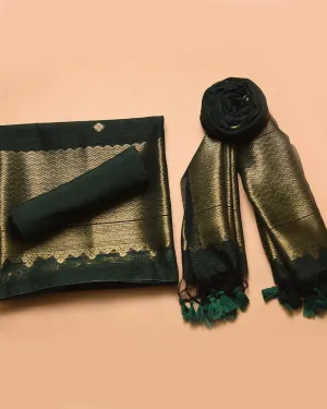 Green Linen Silk Blend Woven Unstitched Suit Fabric Set With Linen Silk Blend Woven Dupatta