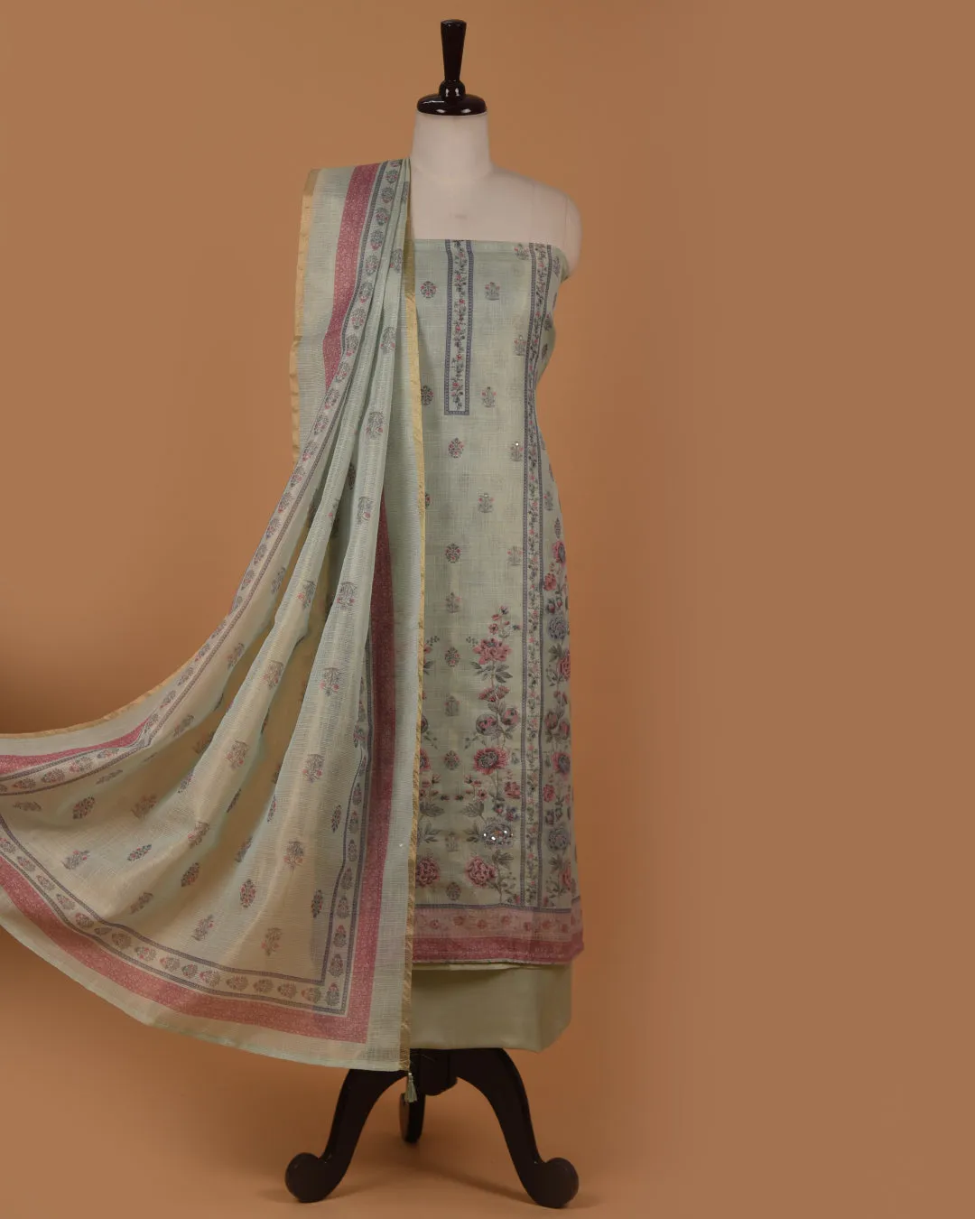 Green Linen Tissue Blend Printed With Embroidery Unstitched Suit Fabric Set With Linen Tissue Blend Dupatta