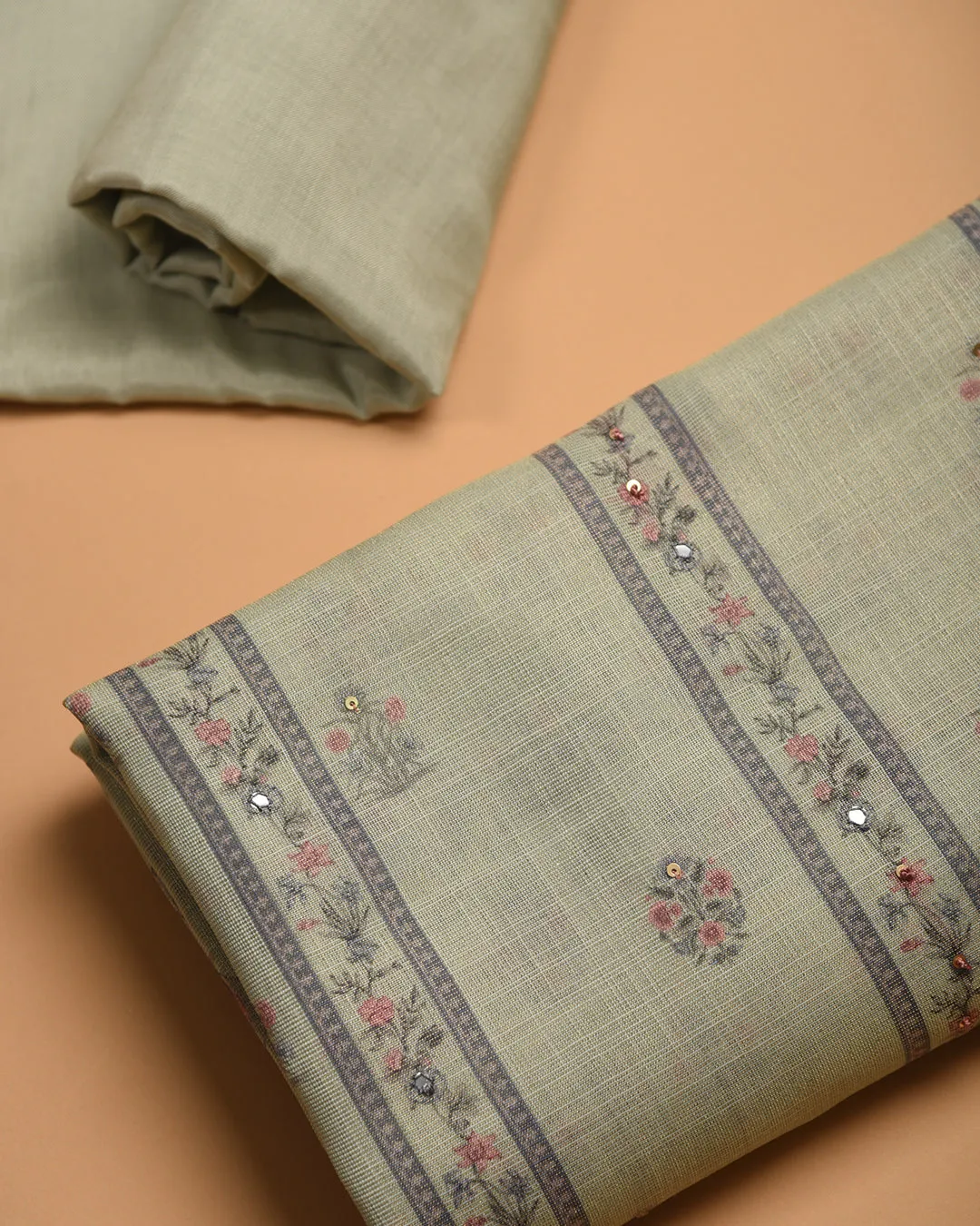 Green Linen Tissue Blend Printed With Embroidery Unstitched Suit Fabric Set With Linen Tissue Blend Dupatta