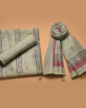 Green Linen Tissue Blend Printed With Embroidery Unstitched Suit Fabric Set With Linen Tissue Blend Dupatta