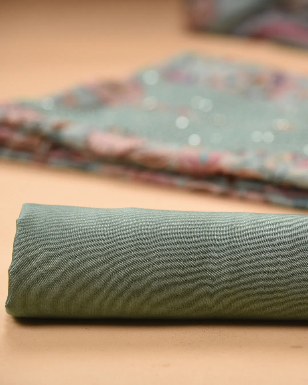 Green Muslin Printed With Embroidery Unstitched Suit Fabric Set With Muslin Dupatta