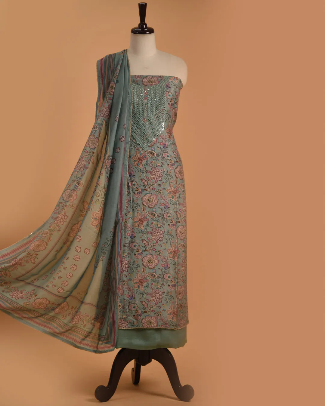 Green Muslin Printed With Embroidery Unstitched Suit Fabric Set With Muslin Dupatta