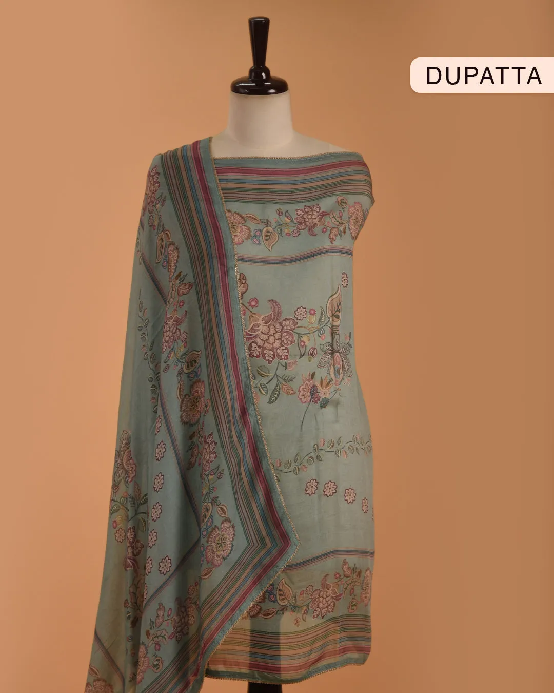 Green Muslin Printed With Embroidery Unstitched Suit Fabric Set With Muslin Dupatta