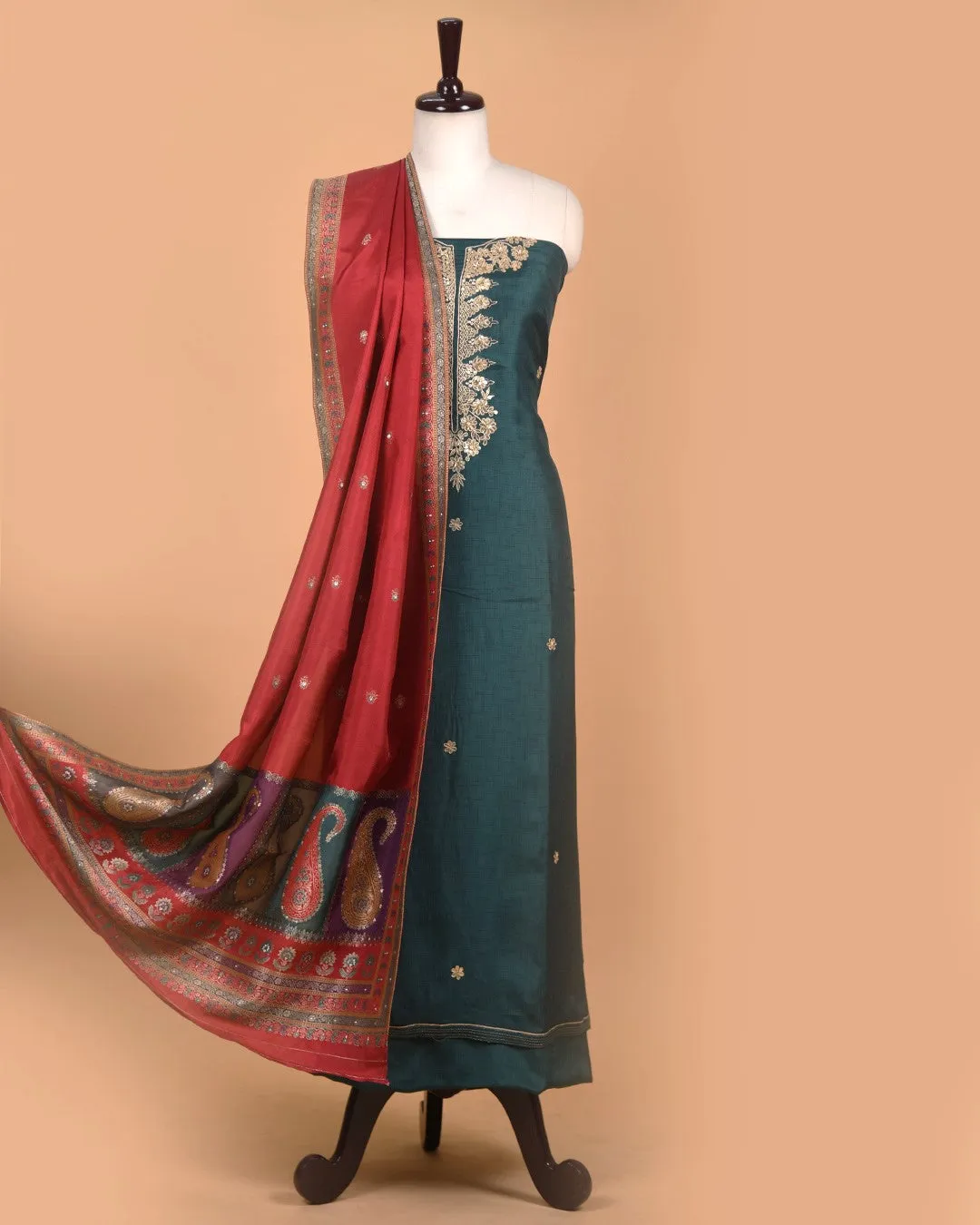 Green Silk Viscose Blend Printed With Embroidery Unstitched Suit Fabric Set With Silk Woven Dupatta