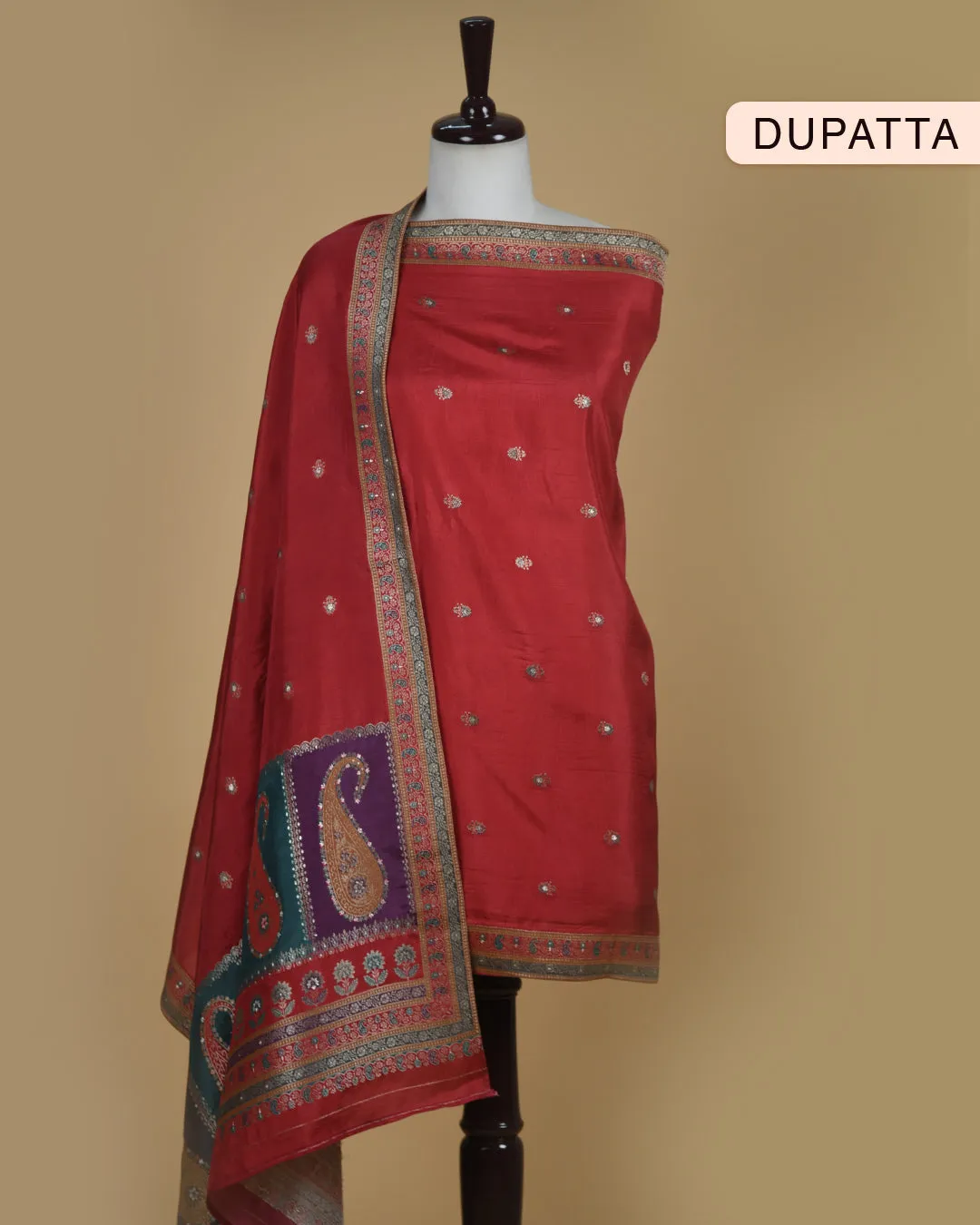 Green Silk Viscose Blend Printed With Embroidery Unstitched Suit Fabric Set With Silk Woven Dupatta