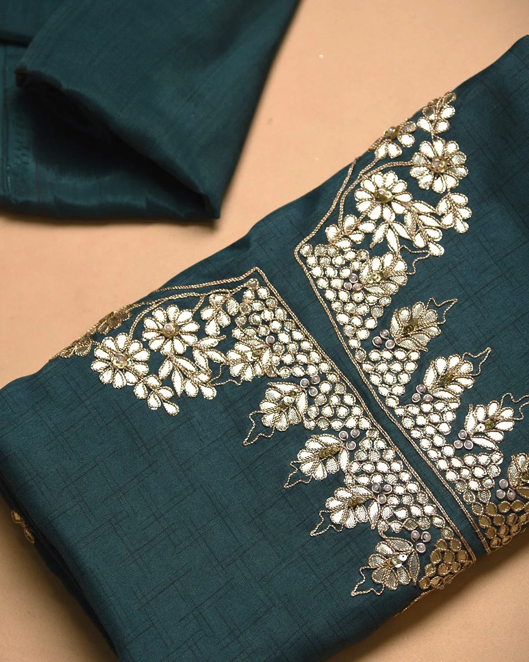 Green Silk Viscose Blend Printed With Embroidery Unstitched Suit Fabric Set With Silk Woven Dupatta