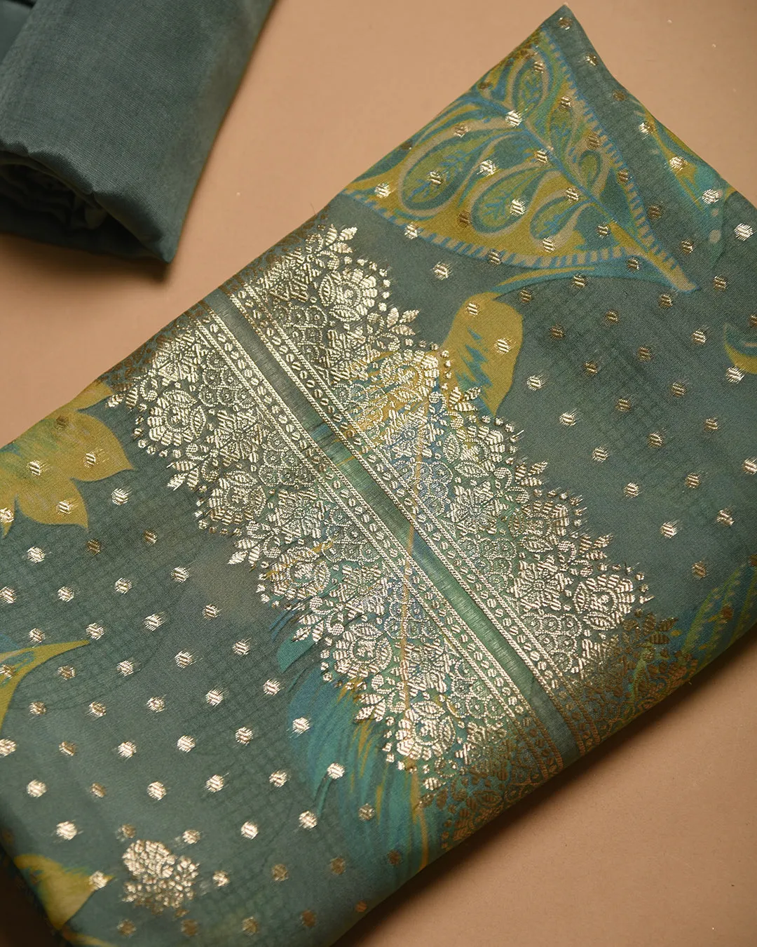 Green With Lime Organza Blend Woven With Printed Unstitched Suit Fabric Set With Organza Dupatta