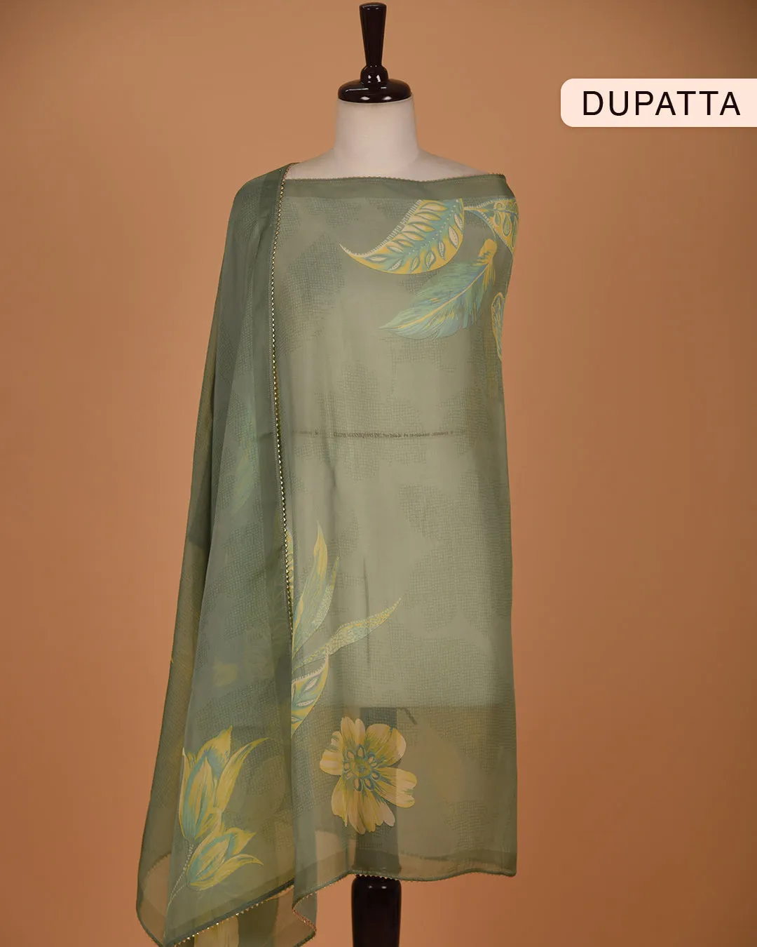 Green With Lime Organza Blend Woven With Printed Unstitched Suit Fabric Set With Organza Dupatta