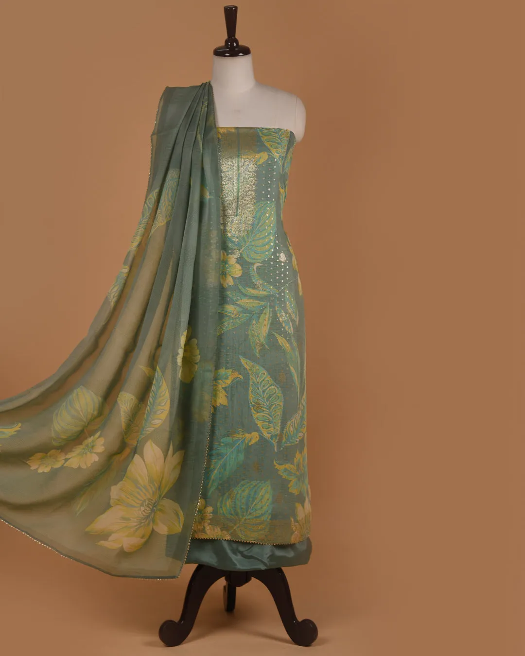 Green With Lime Organza Blend Woven With Printed Unstitched Suit Fabric Set With Organza Dupatta