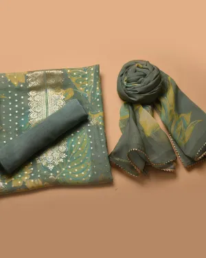 Green With Lime Organza Blend Woven With Printed Unstitched Suit Fabric Set With Organza Dupatta
