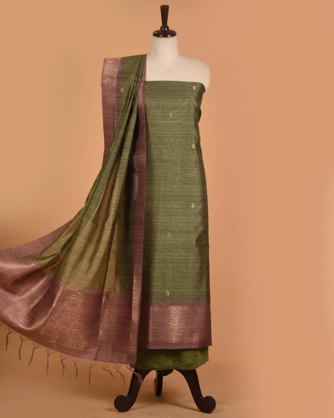 Green With Mauve Chanderi Silk Blend Woven Unstitched Suit Fabric Set With Chanderi Silk Blend Dupatta