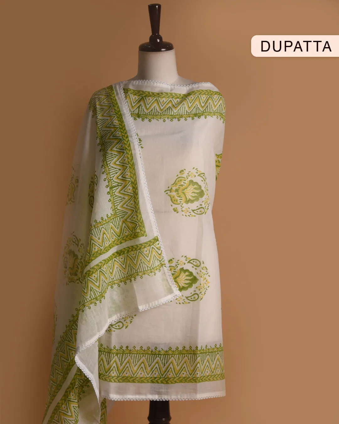 Green With White Woven With Embroidery Unstitched Suit Fabric Set With Cotton Block Printed Dupatta