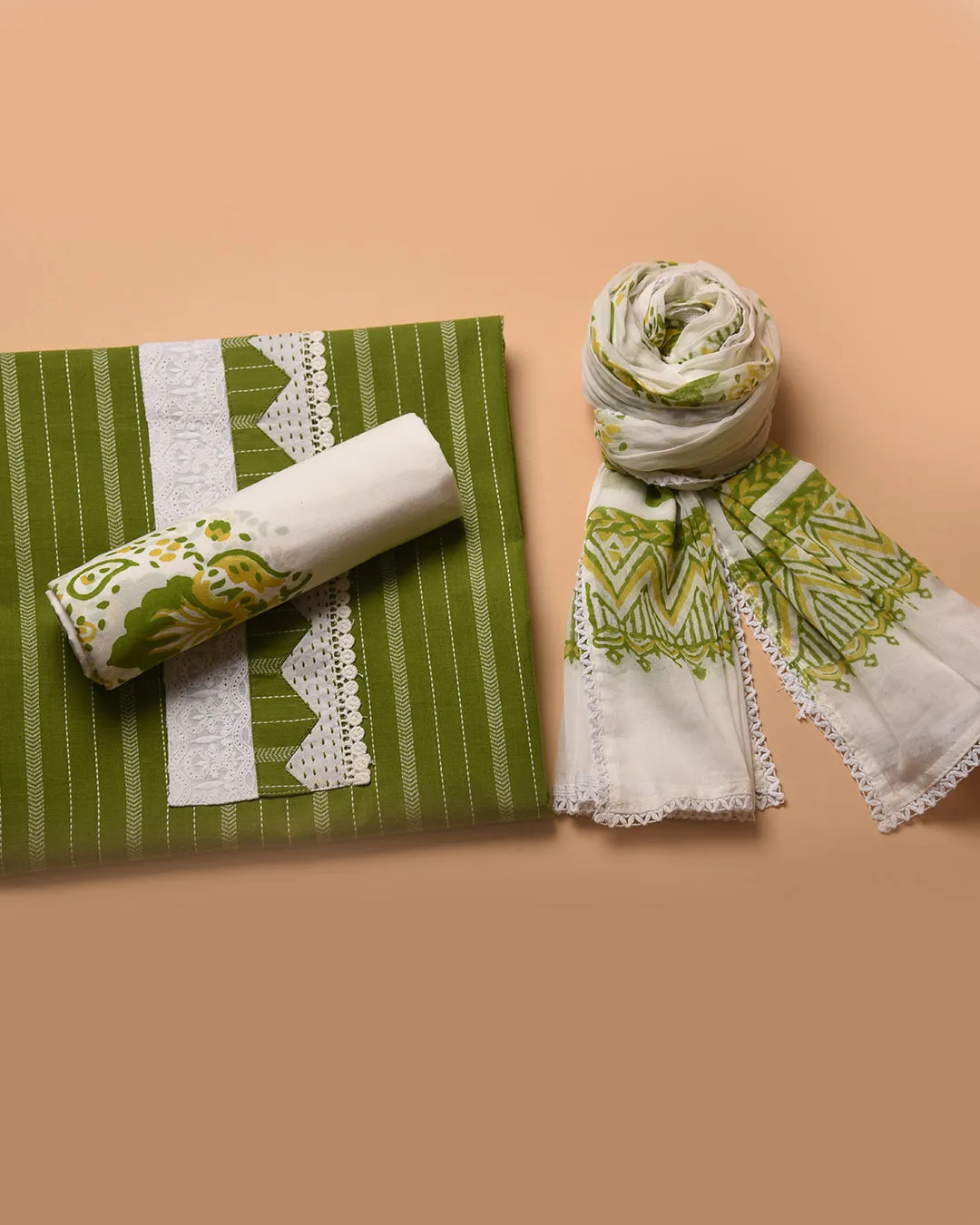 Green With White Woven With Embroidery Unstitched Suit Fabric Set With Cotton Block Printed Dupatta
