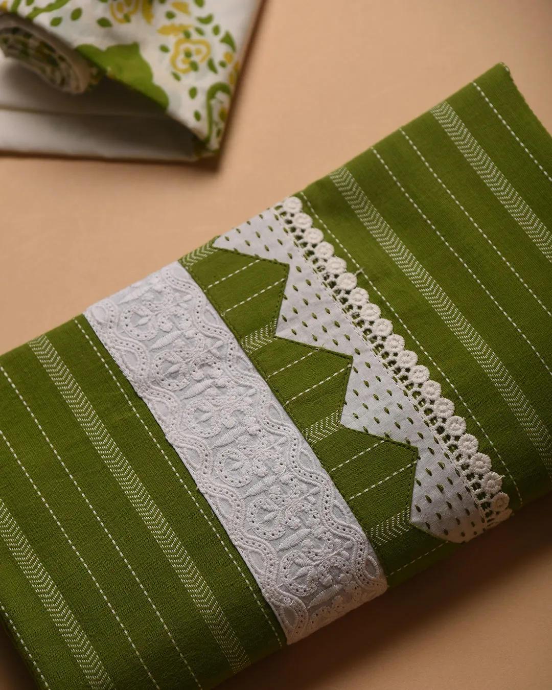 Green With White Woven With Embroidery Unstitched Suit Fabric Set With Cotton Block Printed Dupatta