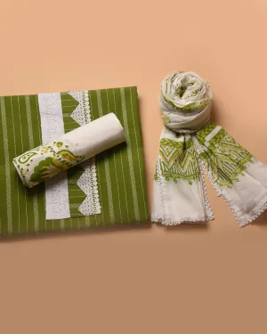 Green With White Woven With Embroidery Unstitched Suit Fabric Set With Cotton Block Printed Dupatta
