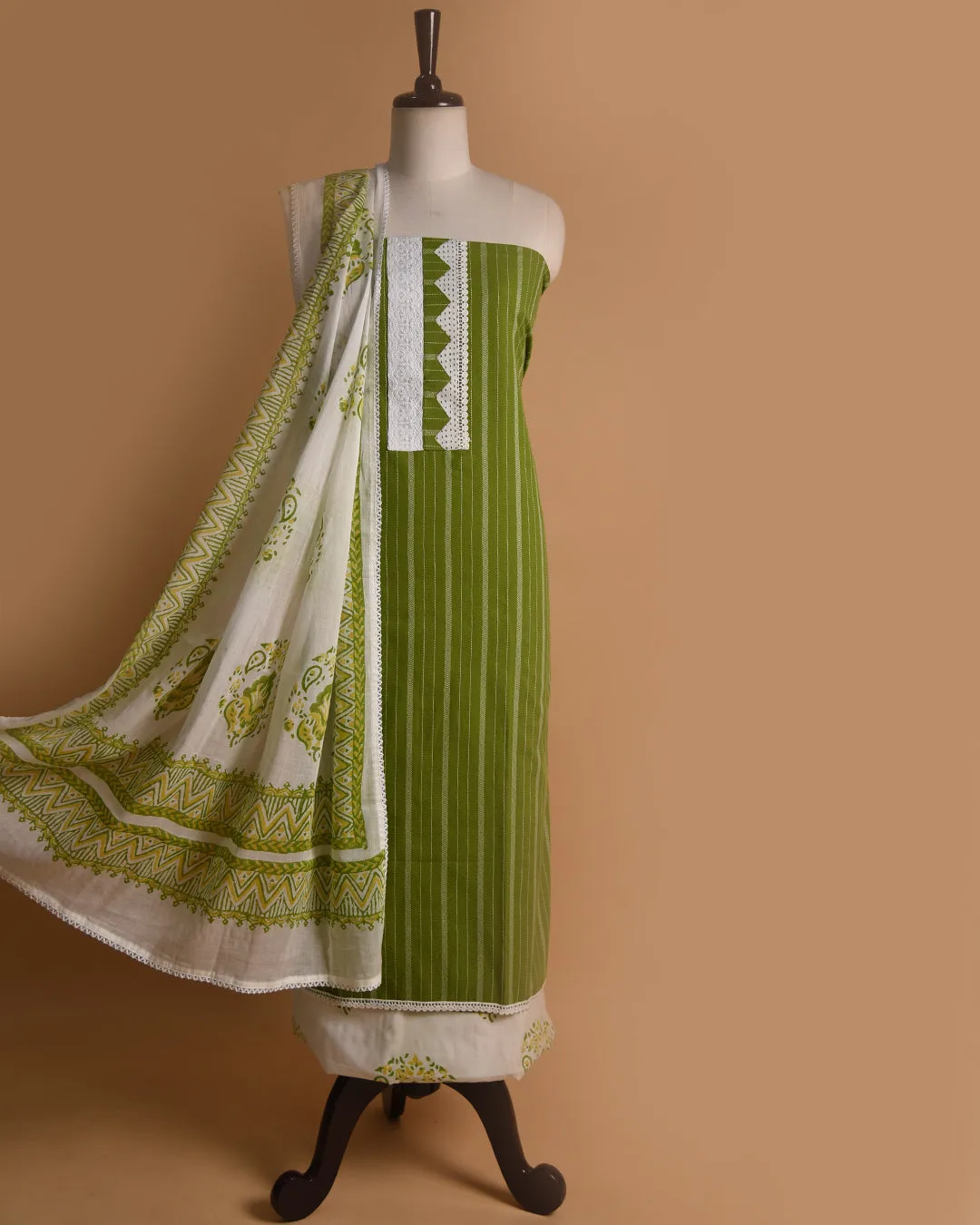Green With White Woven With Embroidery Unstitched Suit Fabric Set With Cotton Block Printed Dupatta
