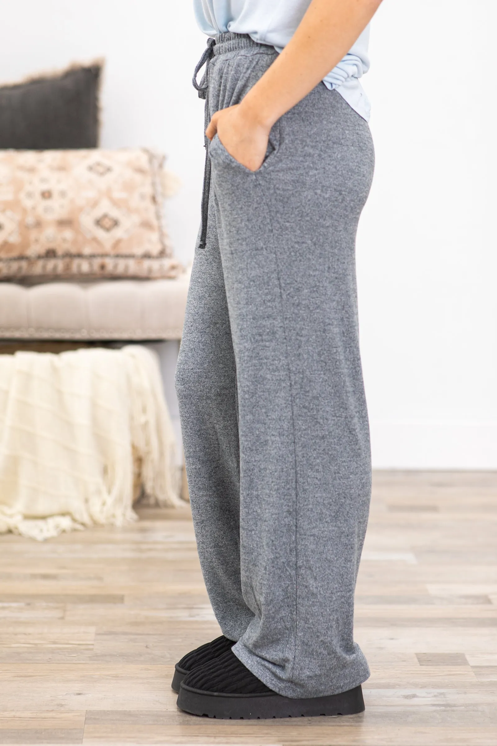 Grey Brushed Hacci Wide Leg Lounge Pants